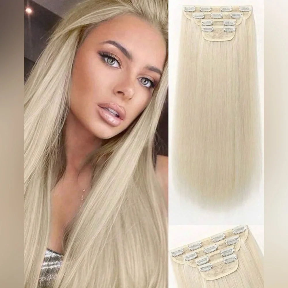 22” Synthetic Clip-In Hair Extensions Platinum Blonde Straight Full Set